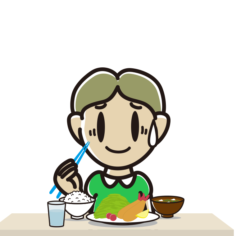 食事中に苦笑いする小学生男子のイラスト【色あり、背景なし】透過PNG