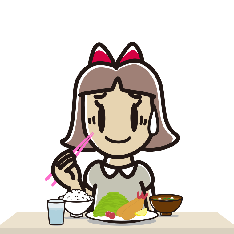 食事中に苦笑いする小学生女子のイラスト【色あり、背景なし】透過PNG