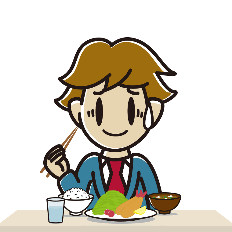 食事中に苦笑いする男子高校生のイラスト【色あり、背景なし】透過PNG