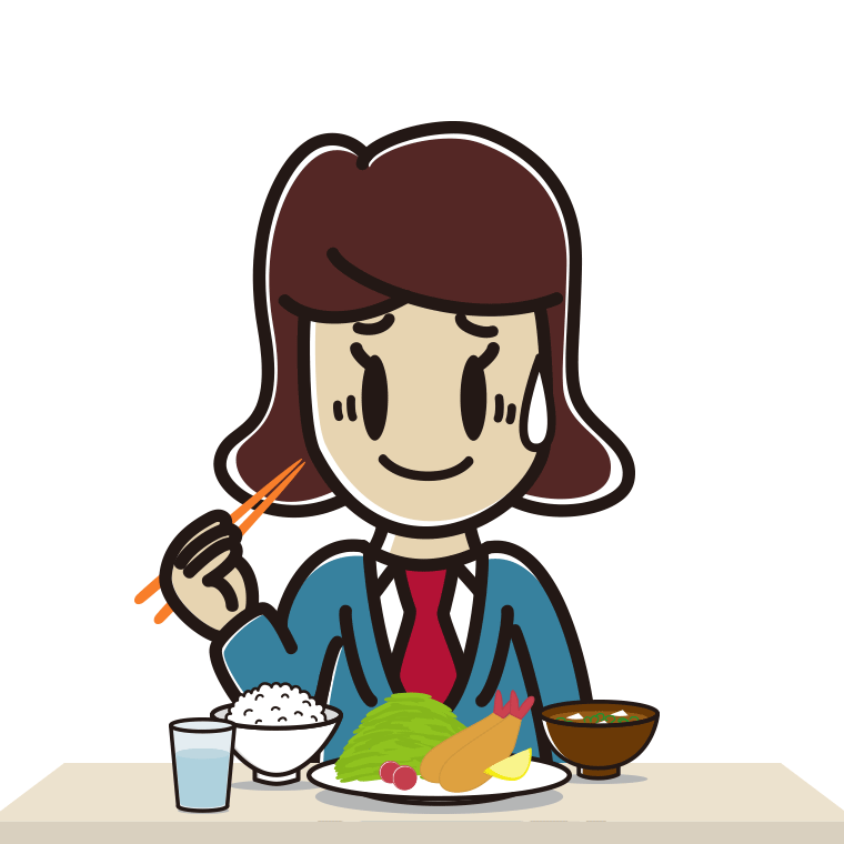 食事中に苦笑いする女子高校生のイラスト【色あり、背景なし】透過PNG