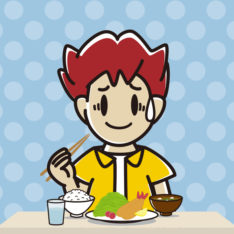 食事中に苦笑いする男子大学生のイラスト【色、背景あり】PNG