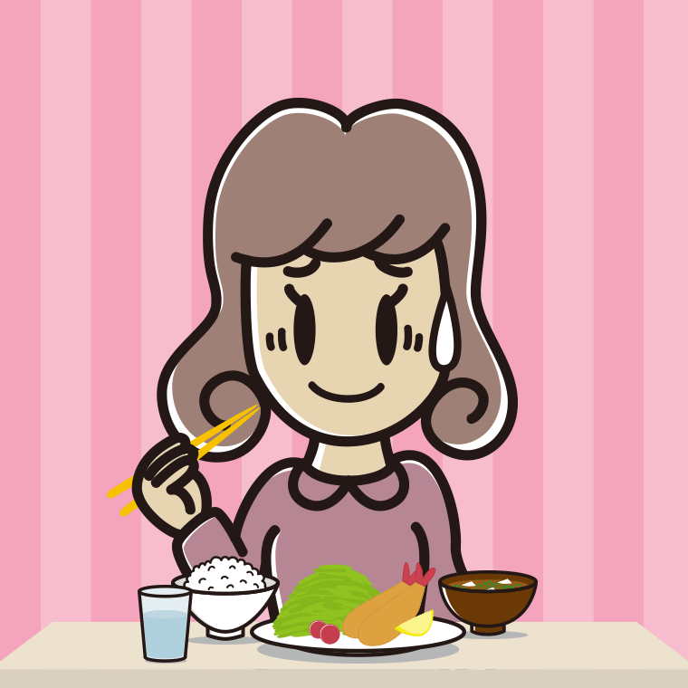 食事中に苦笑いする女子大学生のイラスト【色、背景あり】PNG