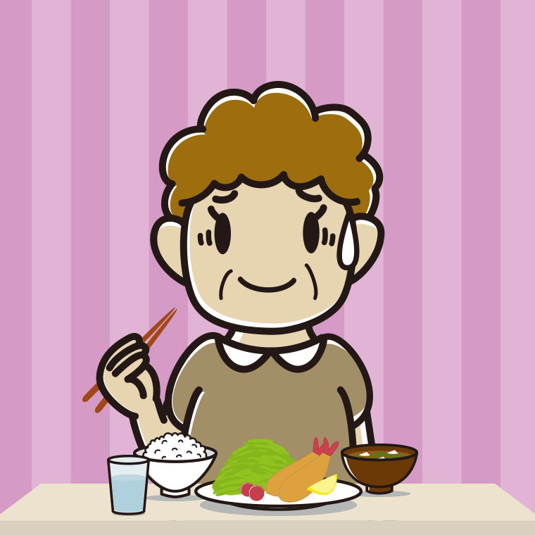 食事中に苦笑いするおばさんのイラスト【色、背景あり】PNG