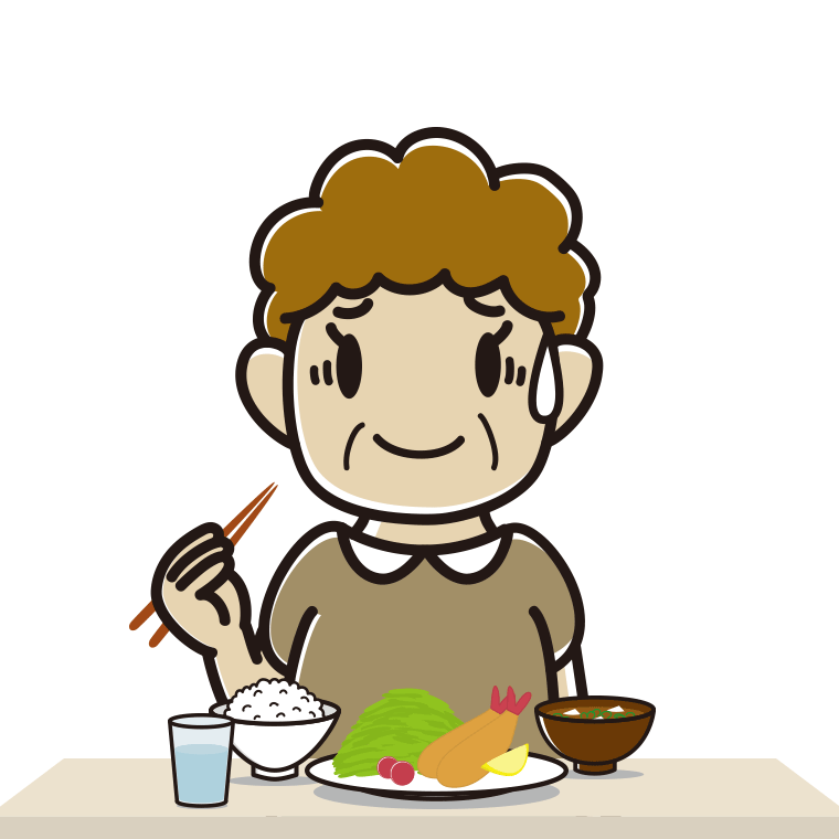 食事中に苦笑いするおばさんのイラスト【色あり、背景なし】透過PNG