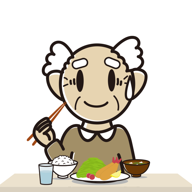 食事中に苦笑いするおじいさんのイラスト【色あり、背景なし】透過PNG