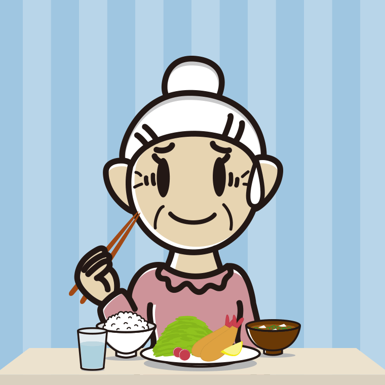 食事中に苦笑いするおばあさんのイラスト【色、背景あり】PNG