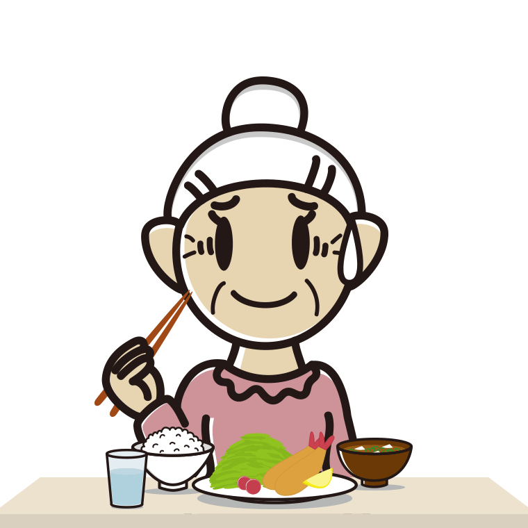 食事中に苦笑いするおばあさんのイラスト【色あり、背景なし】透過PNG