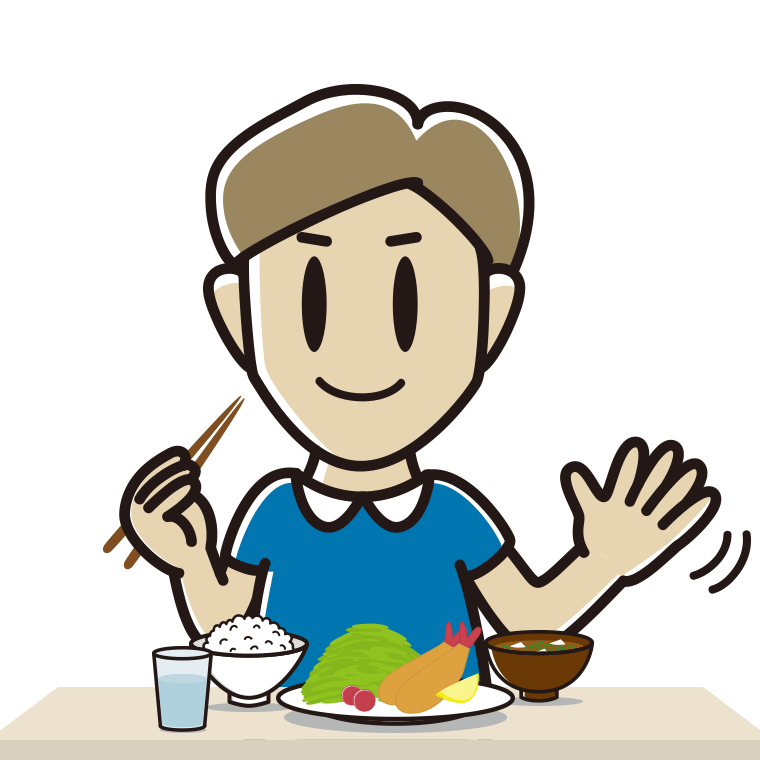 食事中に手を振る男性のイラスト【色あり、背景なし】透過PNG