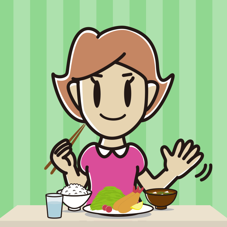 食事中に手を振る女性のイラスト【色、背景あり】PNG
