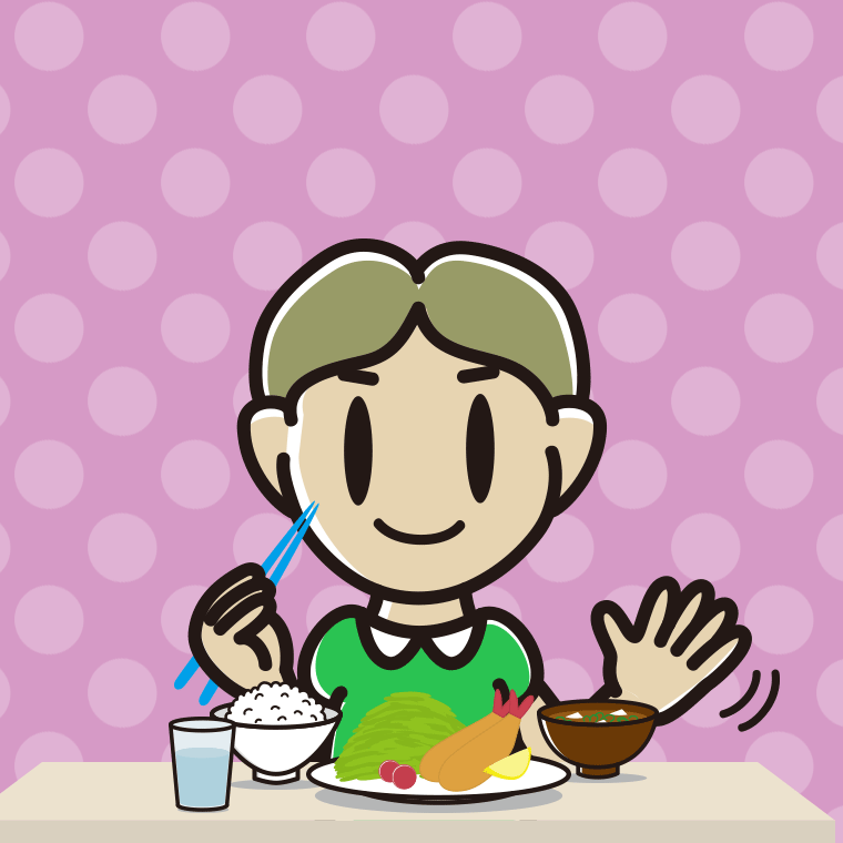 食事中に手を振る小学生男子のイラスト【色、背景あり】PNG