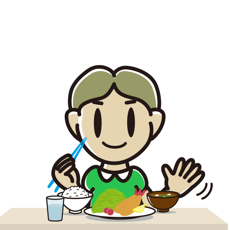 食事中に手を振る小学生男子のイラスト【色あり、背景なし】透過PNG