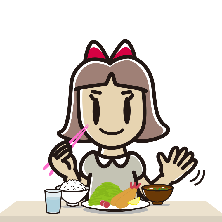 食事中に手を振る小学生女子のイラスト【色あり、背景なし】透過PNG