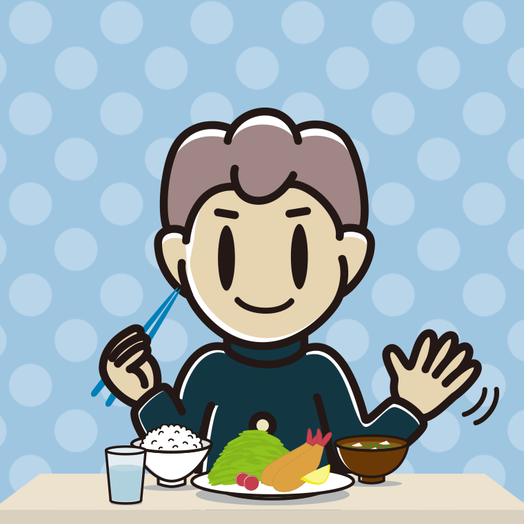 食事中に手を振る男子中学生のイラスト【色、背景あり】PNG