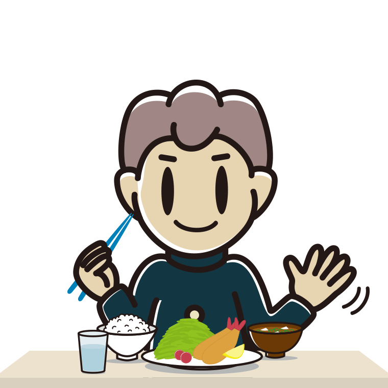 食事中に手を振る男子中学生のイラスト【色あり、背景なし】透過PNG