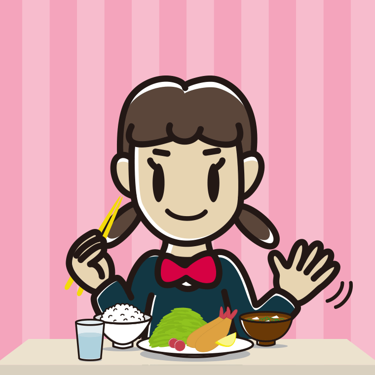 食事中に手を振る女子中学生のイラスト【色、背景あり】PNG