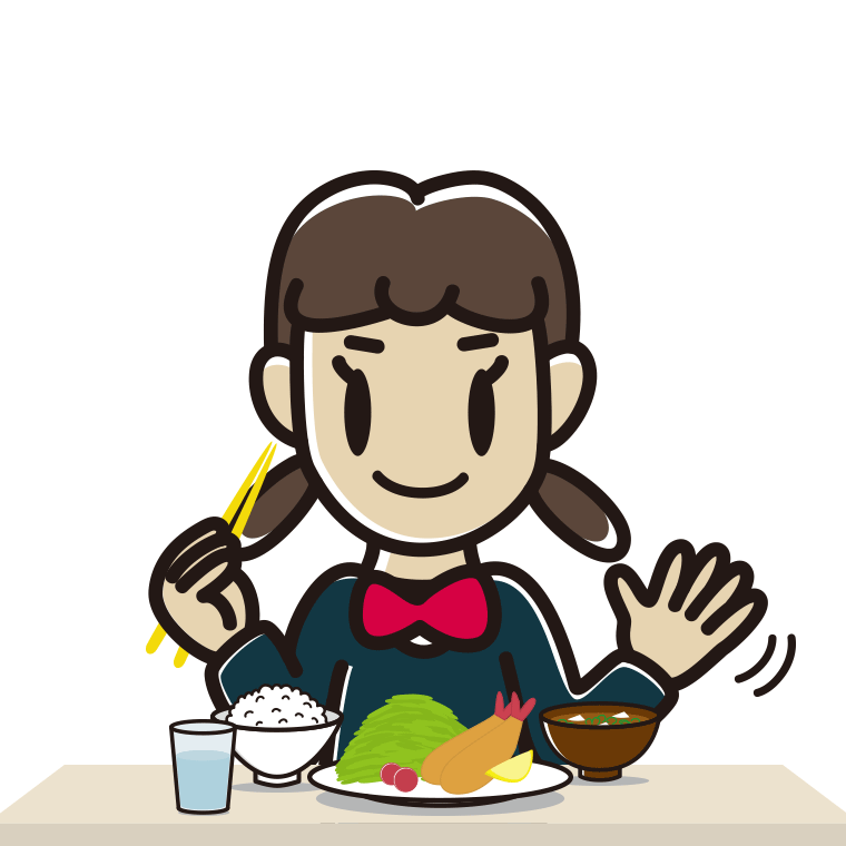 食事中に手を振る女子中学生のイラスト【色あり、背景なし】透過PNG