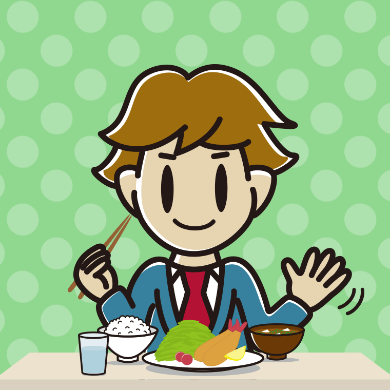 食事中に手を振る男子高校生のイラスト【色、背景あり】PNG