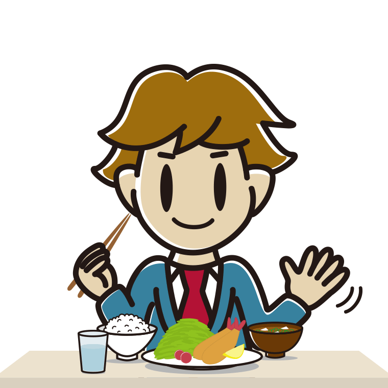 食事中に手を振る男子高校生のイラスト【色あり、背景なし】透過PNG