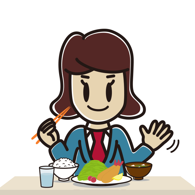 食事中に手を振る女子高校生のイラスト【色あり、背景なし】透過PNG