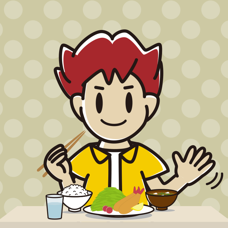 食事中に手を振る男子大学生のイラスト【色、背景あり】PNG
