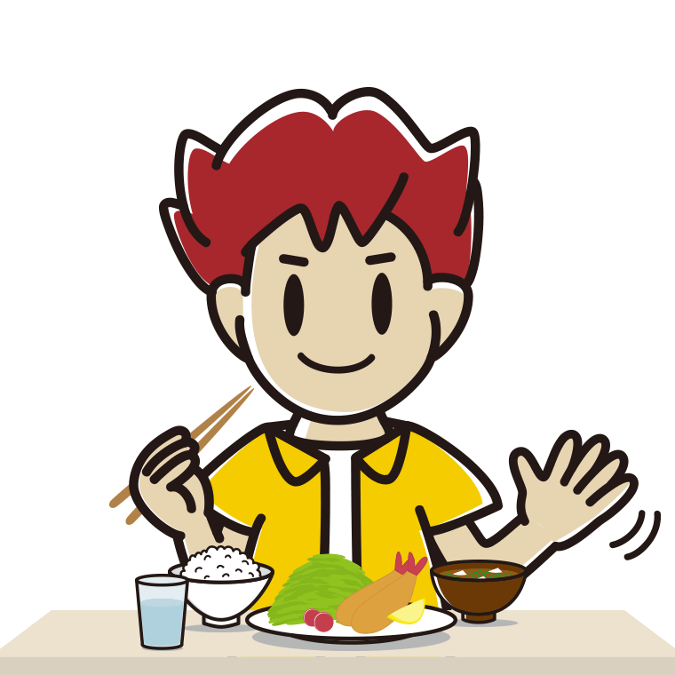 食事中に手を振る男子大学生のイラスト【色あり、背景なし】透過PNG