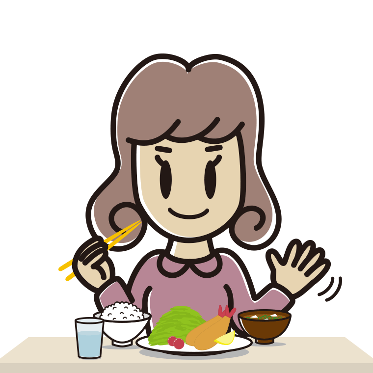 食事中に手を振る女子大学生のイラスト【色あり、背景なし】透過PNG