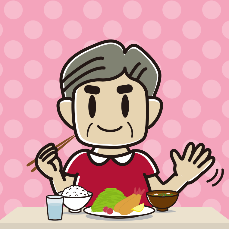 食事中に手を振るおじさんのイラスト【色、背景あり】PNG