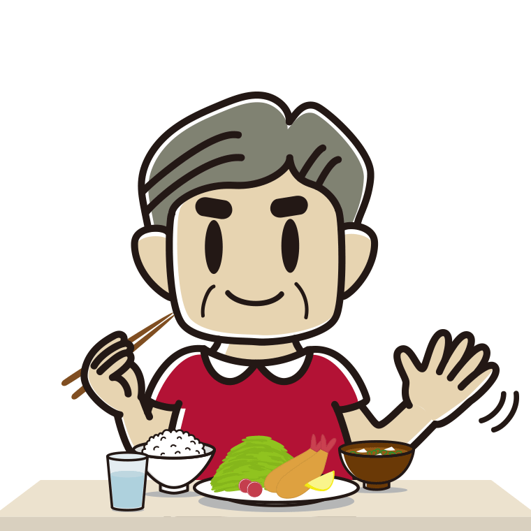 食事中に手を振るおじさんのイラスト【色あり、背景なし】透過PNG
