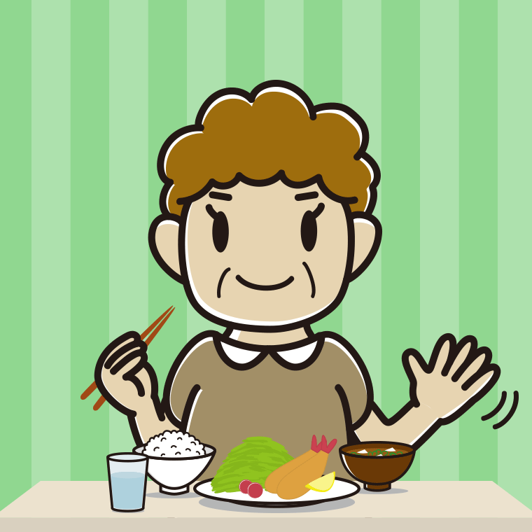 食事中に手を振るおばさんのイラスト【色、背景あり】PNG