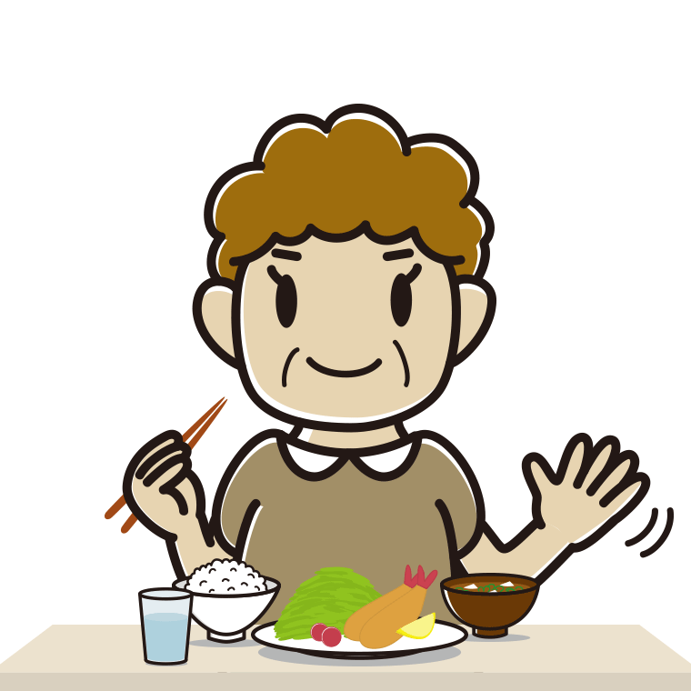 食事中に手を振るおばさんのイラスト【色あり、背景なし】透過PNG