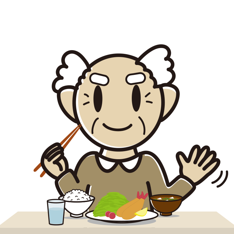 食事中に手を振るおじいさんのイラスト【色あり、背景なし】透過PNG
