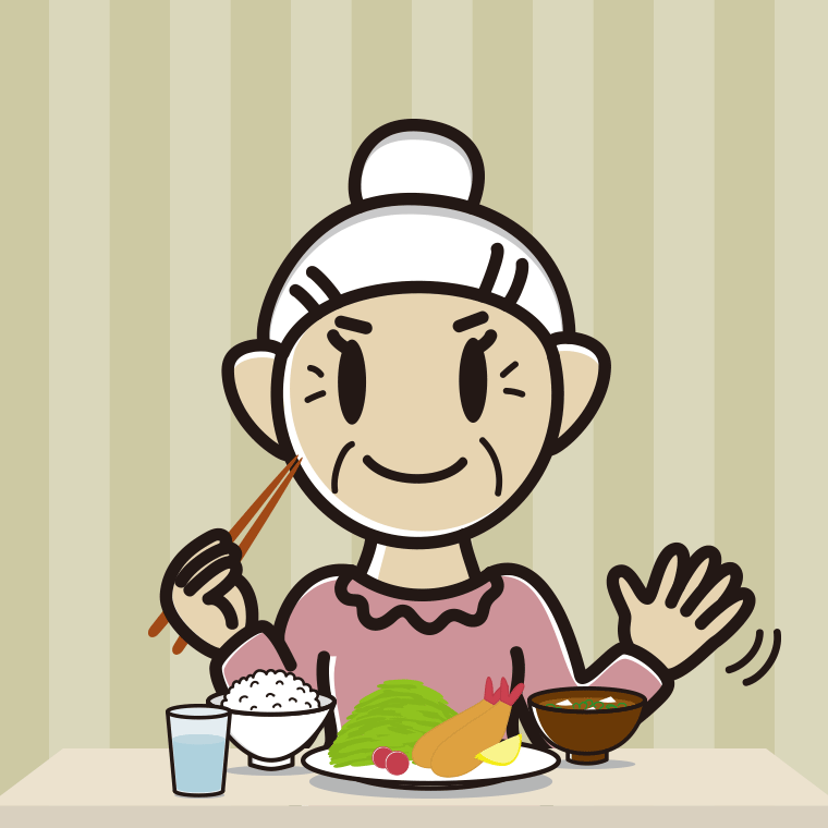 食事中に手を振るおばあさんのイラスト【色、背景あり】PNG
