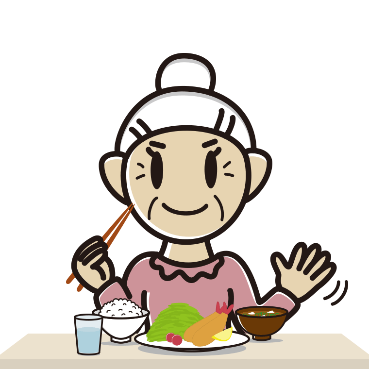 食事中に手を振るおばあさんのイラスト【色あり、背景なし】透過PNG