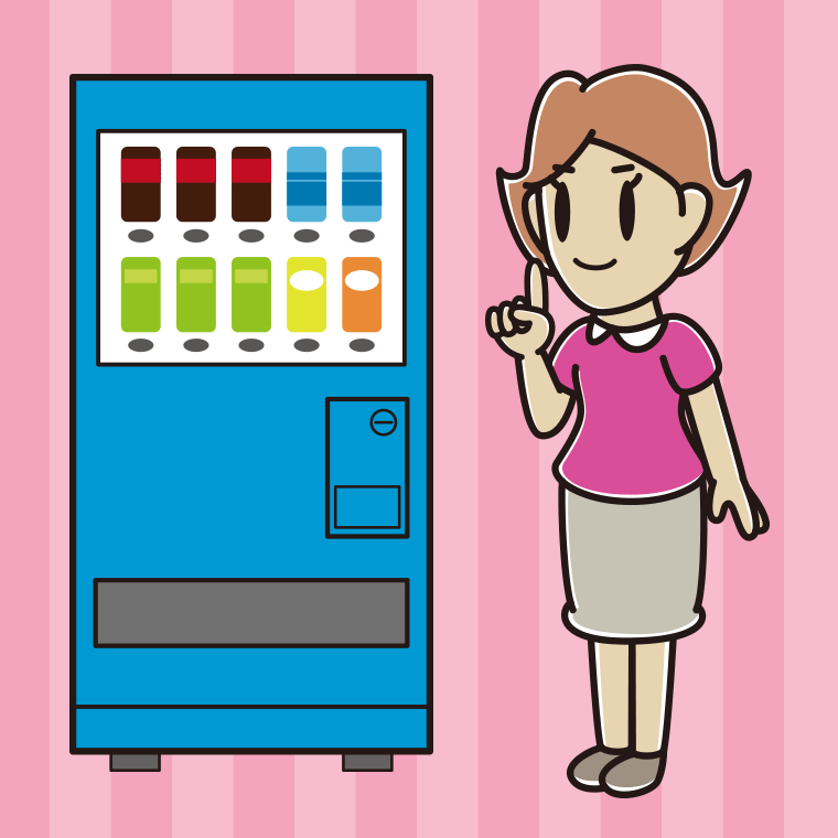 自販機で飲み物を買う女性のイラスト【色、背景あり】PNG