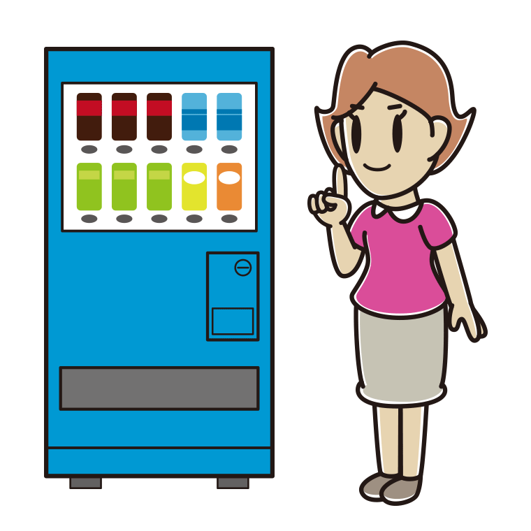 自販機で飲み物を買う女性のイラスト【色あり、背景なし】透過PNG
