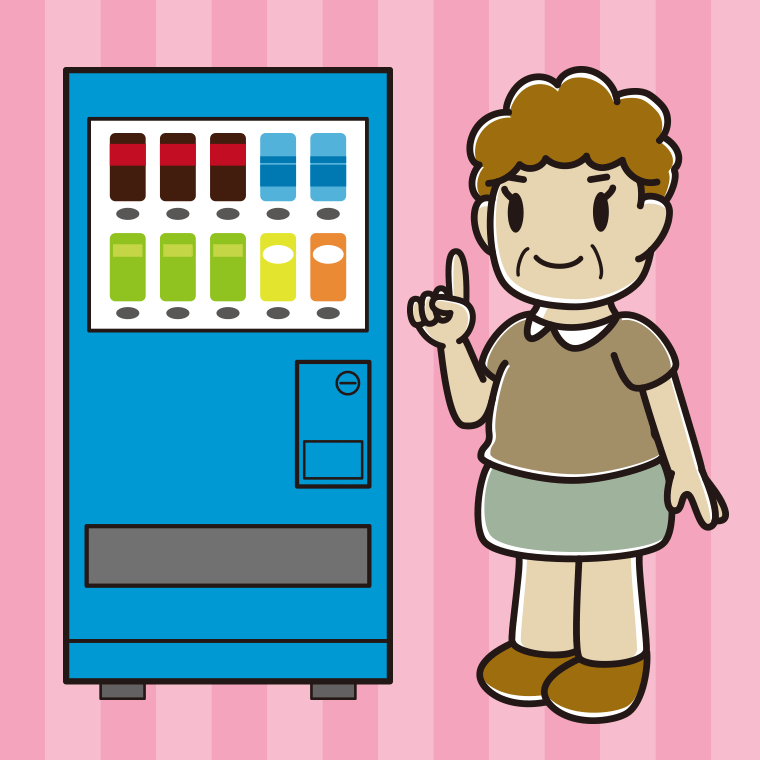 自販機で飲み物を買うおばさんのイラスト【色、背景あり】PNG