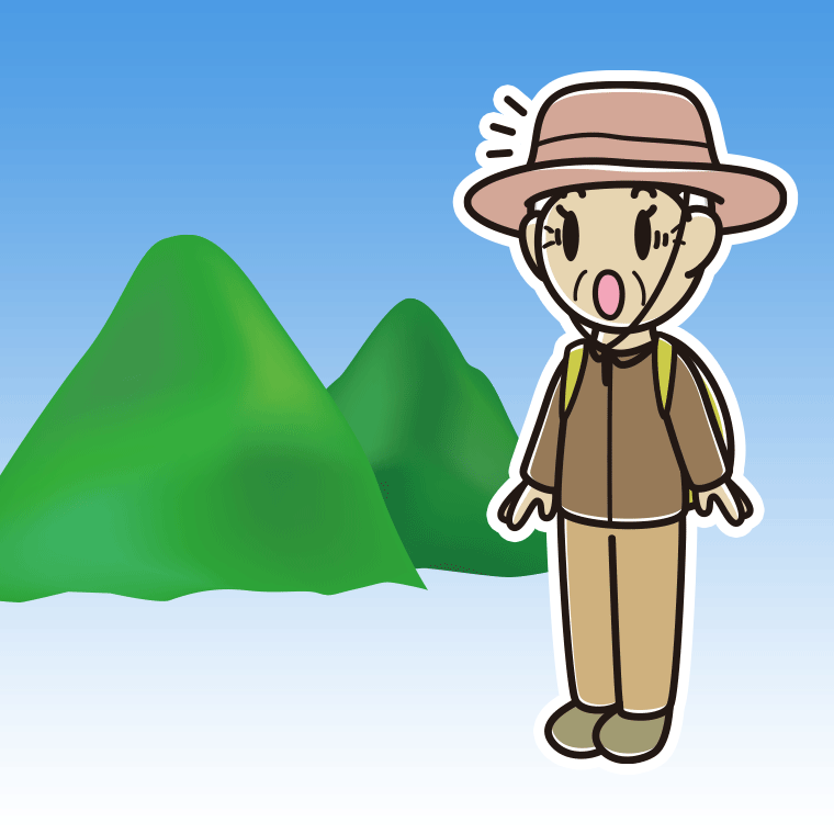 登山中に驚くおばあさんのイラスト【色、背景あり】PNG