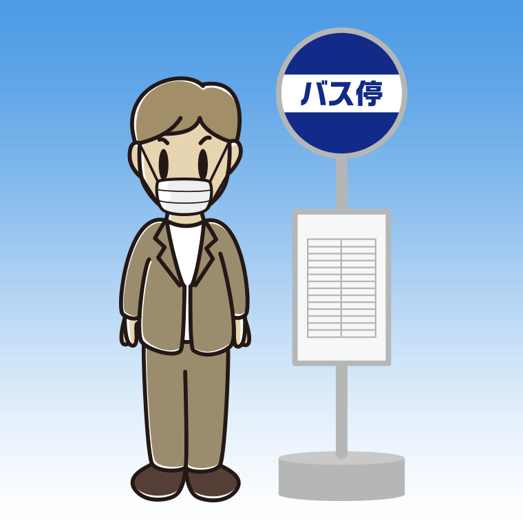 バス停でマスクをする男性会社員（カジュアル）のイラスト【色、背景あり】PNG