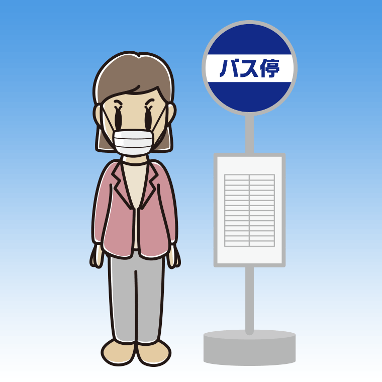 バス停でマスクをする女性会社員（カジュアル）のイラスト【色、背景あり】PNG