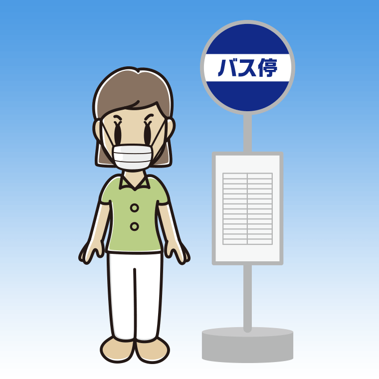 バス停でマスクをする女性会社員（クールビズ）のイラスト【色、背景あり】PNG