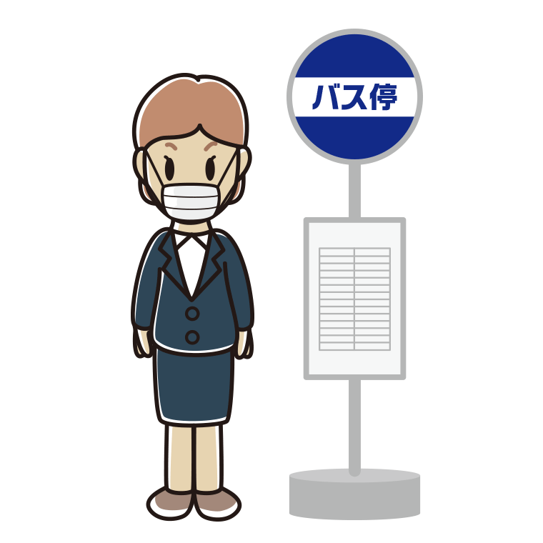 バス停でマスクをする年配女性会社員のイラスト【色あり、背景なし】透過PNG