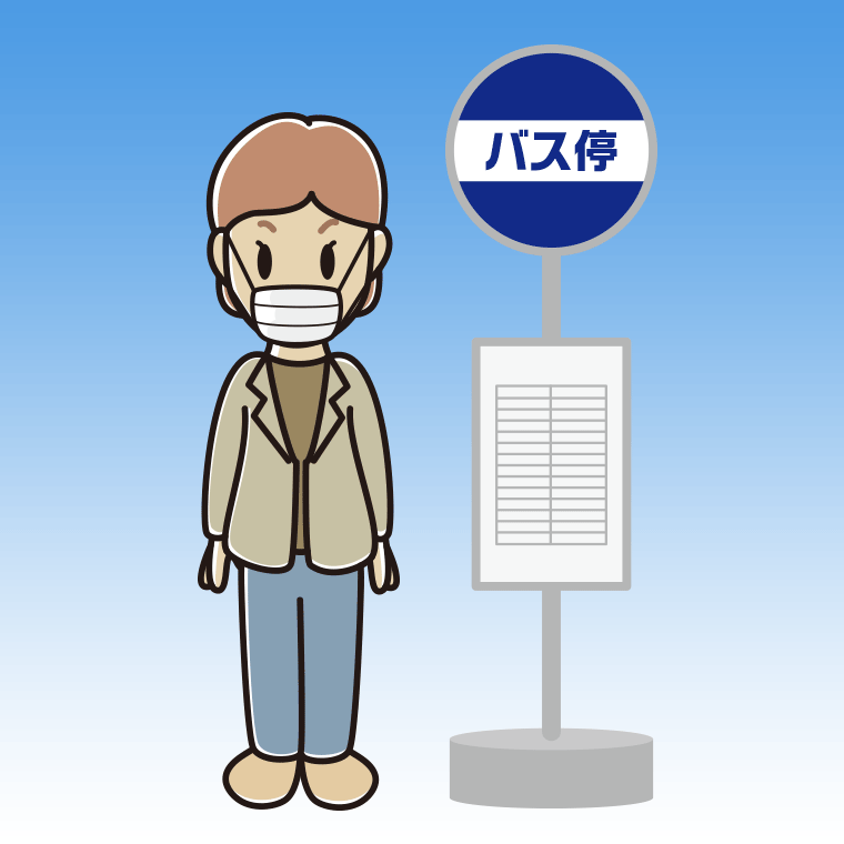 バス停でマスクをする年配女性会社員（カジュアル）のイラスト【色、背景あり】PNG