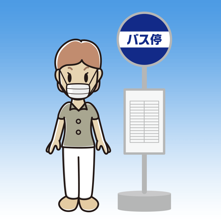 バス停でマスクをする年配女性会社員（クールビズ）のイラスト【色、背景あり】PNG