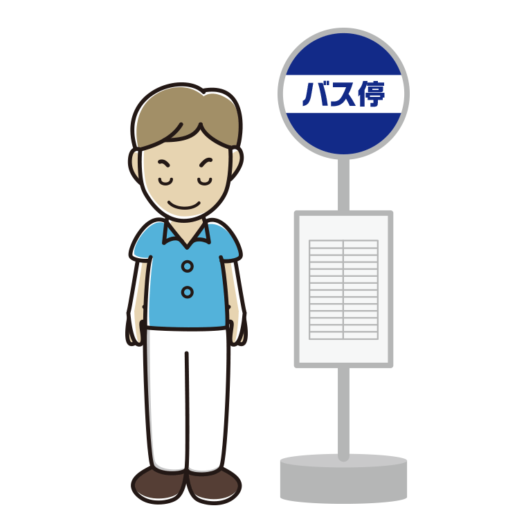 バス停でお辞儀する男性会社員（クールビズ）のイラスト【色あり、背景なし】透過PNG