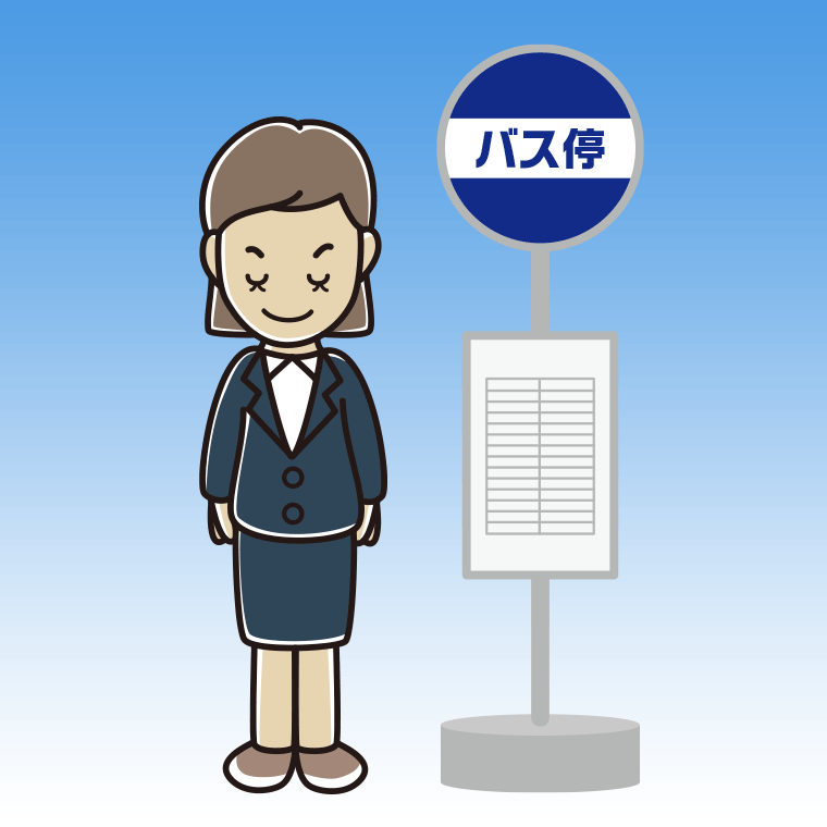 バス停でお辞儀する女性会社員のイラスト【色、背景あり】PNG