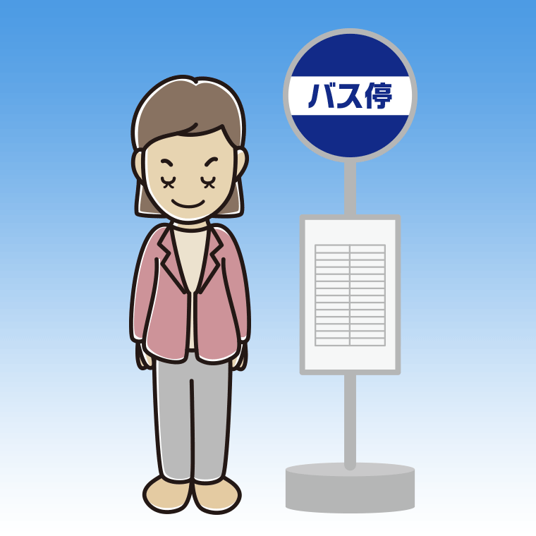 バス停でお辞儀する女性会社員（カジュアル）のイラスト【色、背景あり】PNG
