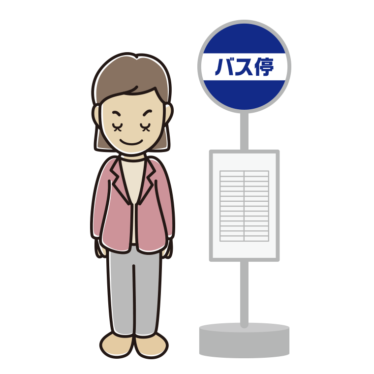 バス停でお辞儀する女性会社員（カジュアル）のイラスト【色あり、背景なし】透過PNG