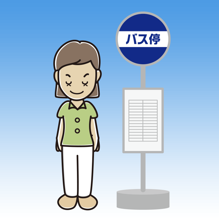 バス停でお辞儀する女性会社員（クールビズ）のイラスト【色、背景あり】PNG