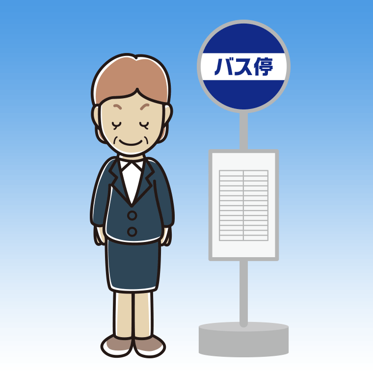 バス停でお辞儀する年配女性会社員のイラスト【色、背景あり】PNG