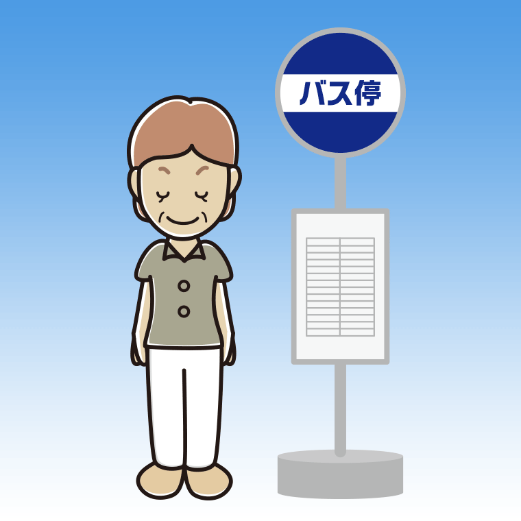 バス停でお辞儀する年配女性会社員（クールビズ）のイラスト【色、背景あり】PNG